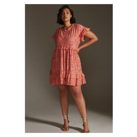 Anthropologie Pink Ruffle Knit Mini Dress Sz.L - Picture 1 of 15